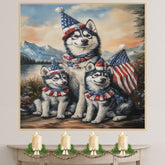 Siberian Husky Dog Family in Patriotic Outfits and Party Hats with American Flags and Mountain Scenery for Fourth of July on Ready to Hang 1.5" Thick Canvas Wrap, Floating Framed Canvas, Flat Rolled Canvas